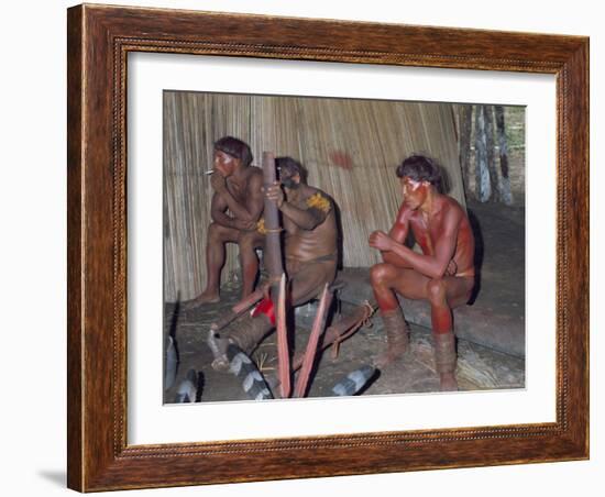 Kamayura Indians Playing Flutes Inside Hut, Xingu Area, Brazil, South America-Robin Hanbury-tenison-Framed Photographic Print