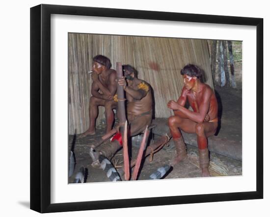 Kamayura Indians Playing Flutes Inside Hut, Xingu Area, Brazil, South America-Robin Hanbury-tenison-Framed Photographic Print