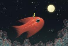 Friendship, Boy riding giant fish in fantasy landscape-Kampanart Sangsorn-Art Print