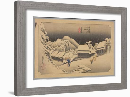 Kanbara: Night Snow (Kanbara, Yoru No Yuki) (Colour Woodblock Print)-Ando or Utagawa Hiroshige-Framed Giclee Print