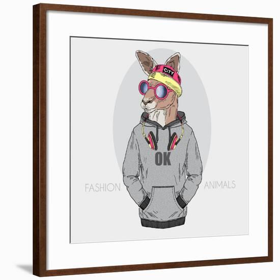 Kangaroo Boy in Urban Style with Headphones - Fashion Animal Illustration-Olga_Angelloz-Framed Art Print