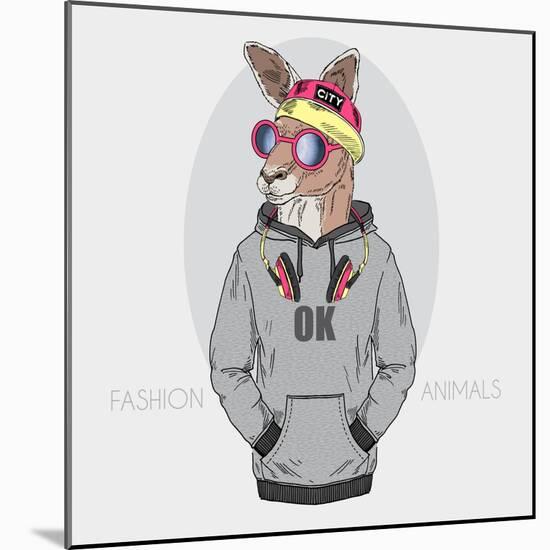 Kangaroo Boy in Urban Style with Headphones - Fashion Animal Illustration-Olga_Angelloz-Mounted Art Print