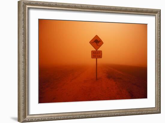 Kangaroo Crossing Sign in Dust Storm in the Australian Outback-Paul Souders-Framed Photographic Print