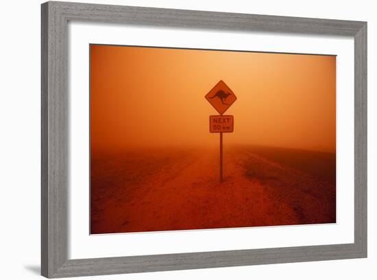 Kangaroo Crossing Sign in Dust Storm in the Australian Outback-Paul Souders-Framed Photographic Print