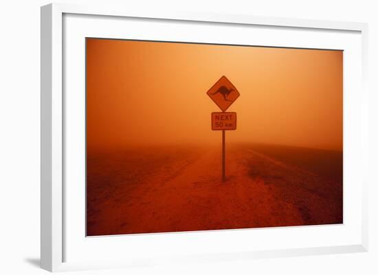 Kangaroo Crossing Sign in Dust Storm in the Australian Outback-Paul Souders-Framed Photographic Print