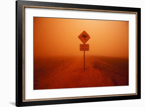 Kangaroo Crossing Sign in Dust Storm in the Australian Outback-Paul Souders-Framed Photographic Print