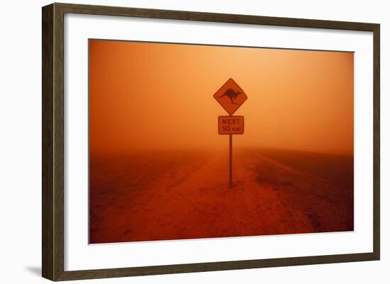 Kangaroo Crossing Sign in Dust Storm in the Australian Outback-Paul Souders-Framed Photographic Print