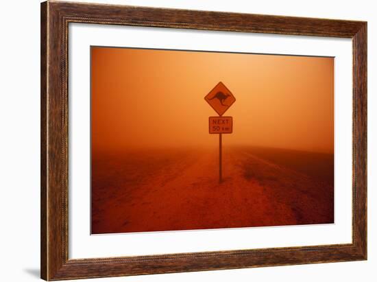 Kangaroo Crossing Sign in Dust Storm in the Australian Outback-Paul Souders-Framed Photographic Print