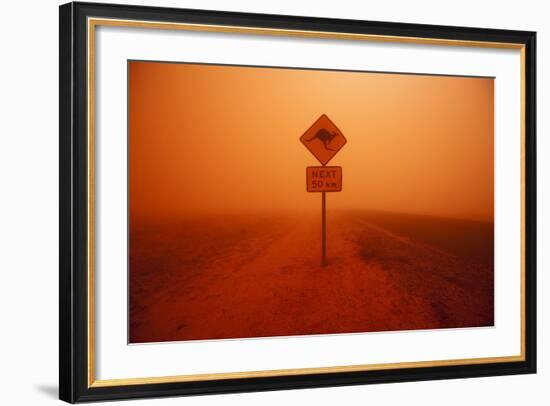 Kangaroo Crossing Sign in Dust Storm in the Australian Outback-Paul Souders-Framed Photographic Print