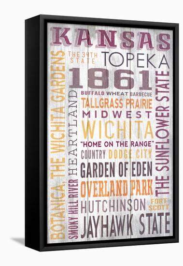 Kansas - Barnwood Typography-Lantern Press-Framed Stretched Canvas