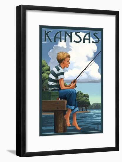 Kansas - Boy Fishing-Lantern Press-Framed Art Print