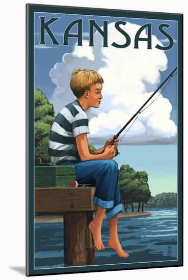 Kansas - Boy Fishing-Lantern Press-Mounted Art Print