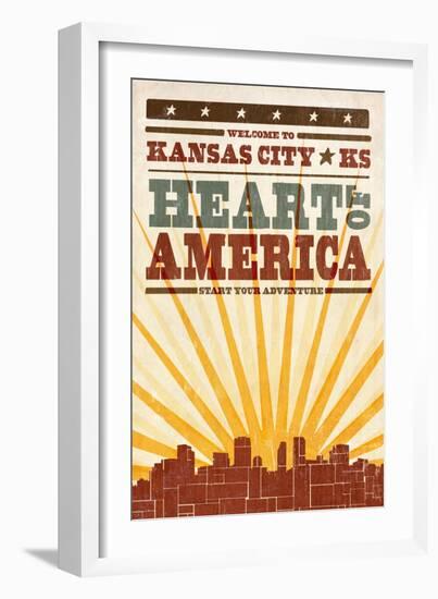 Kansas City, Kansas - Skyline and Sunburst Screenprint Style-Lantern Press-Framed Premium Giclee Print