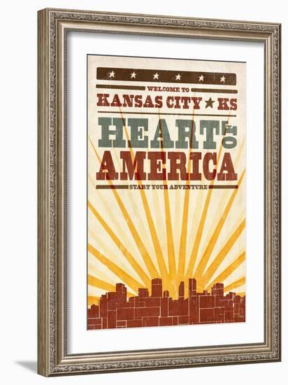 Kansas City, Kansas - Skyline and Sunburst Screenprint Style-Lantern Press-Framed Art Print