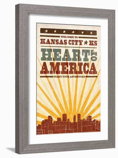 Kansas City, Kansas - Skyline and Sunburst Screenprint Style-Lantern Press-Framed Art Print