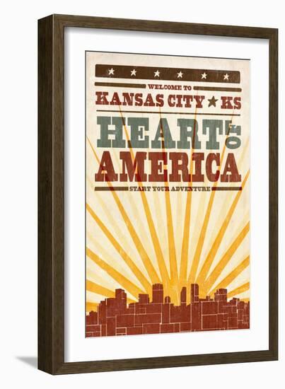 Kansas City, Kansas - Skyline and Sunburst Screenprint Style-Lantern Press-Framed Art Print