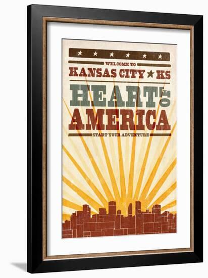 Kansas City, Kansas - Skyline and Sunburst Screenprint Style-Lantern Press-Framed Art Print