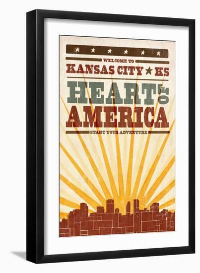 Kansas City, Kansas - Skyline and Sunburst Screenprint Style-Lantern Press-Framed Art Print