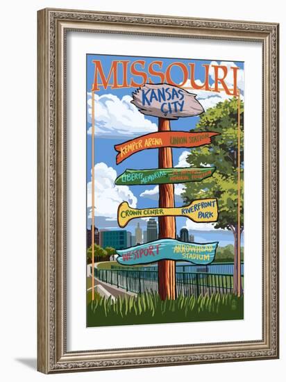 Kansas City, Missouri - Signpost Destinations-Lantern Press-Framed Art Print