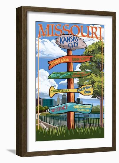 Kansas City, Missouri - Signpost Destinations-Lantern Press-Framed Art Print