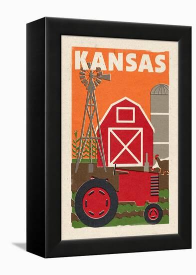 Kansas - Country - Woodblock-Lantern Press-Framed Stretched Canvas