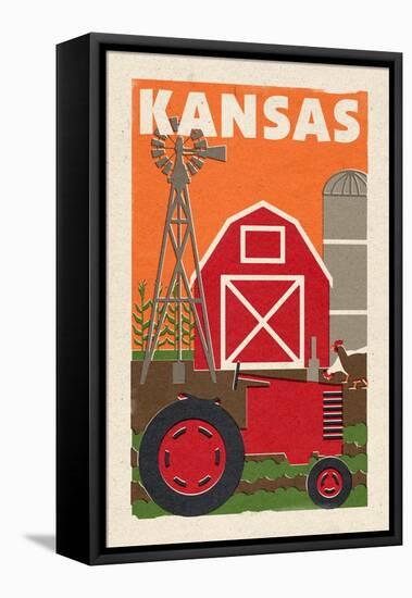 Kansas - Country - Woodblock-Lantern Press-Framed Stretched Canvas