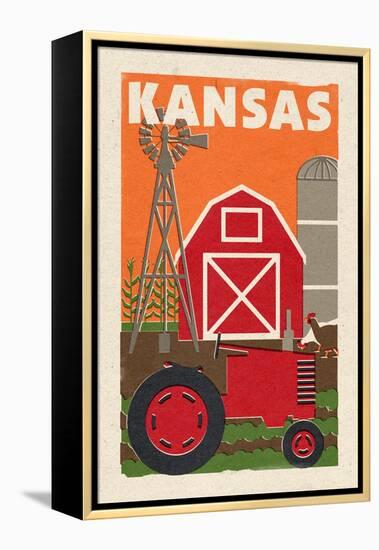 Kansas - Country - Woodblock-Lantern Press-Framed Stretched Canvas