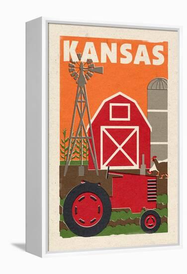 Kansas - Country - Woodblock-Lantern Press-Framed Stretched Canvas