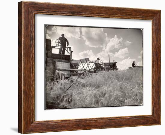 Kansas Farmer Driving Farmall Tractor as He Pulls a Manned Combine During Wheat Harvest-Margaret Bourke-White-Framed Premium Photographic Print