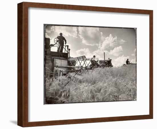 Kansas Farmer Driving Farmall Tractor as He Pulls a Manned Combine During Wheat Harvest-Margaret Bourke-White-Framed Premium Photographic Print