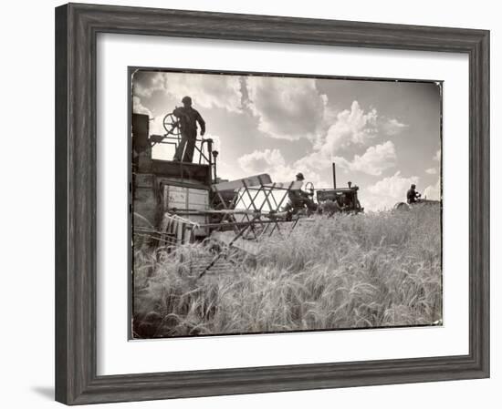 Kansas Farmer Driving Farmall Tractor as He Pulls a Manned Combine During Wheat Harvest-Margaret Bourke-White-Framed Photographic Print