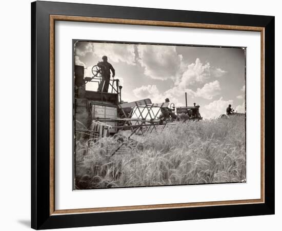 Kansas Farmer Driving Farmall Tractor as He Pulls a Manned Combine During Wheat Harvest-Margaret Bourke-White-Framed Photographic Print