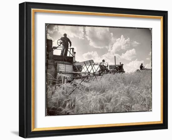 Kansas Farmer Driving Farmall Tractor as He Pulls a Manned Combine During Wheat Harvest-Margaret Bourke-White-Framed Photographic Print