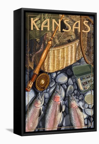 Kansas - Fishing Still Life-Lantern Press-Framed Stretched Canvas