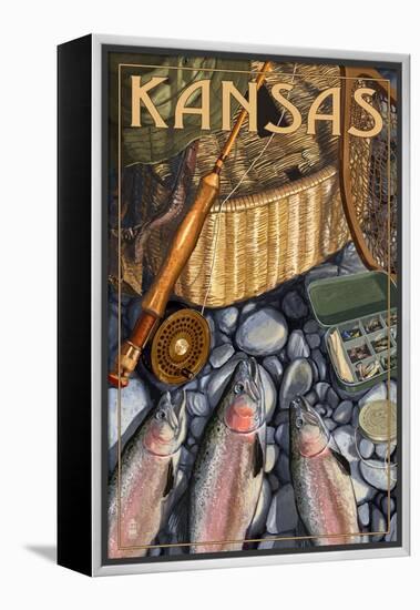 Kansas - Fishing Still Life-Lantern Press-Framed Stretched Canvas