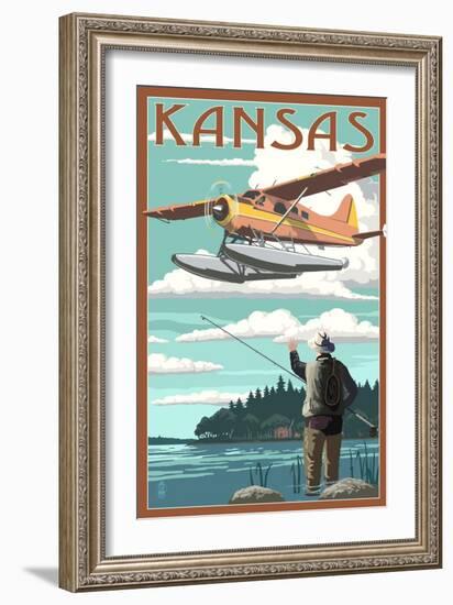 Kansas - Float Plane and Fisherman-Lantern Press-Framed Art Print