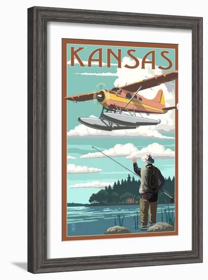 Kansas - Float Plane and Fisherman-Lantern Press-Framed Art Print