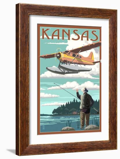 Kansas - Float Plane and Fisherman-Lantern Press-Framed Art Print