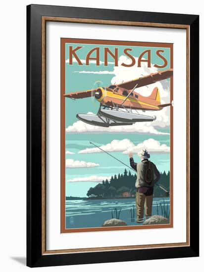 Kansas - Float Plane and Fisherman-Lantern Press-Framed Art Print