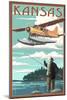 Kansas - Float Plane and Fisherman-Lantern Press-Mounted Art Print