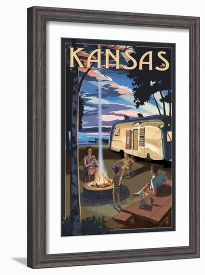 Kansas - Retro Camper and Lake-Lantern Press-Framed Art Print