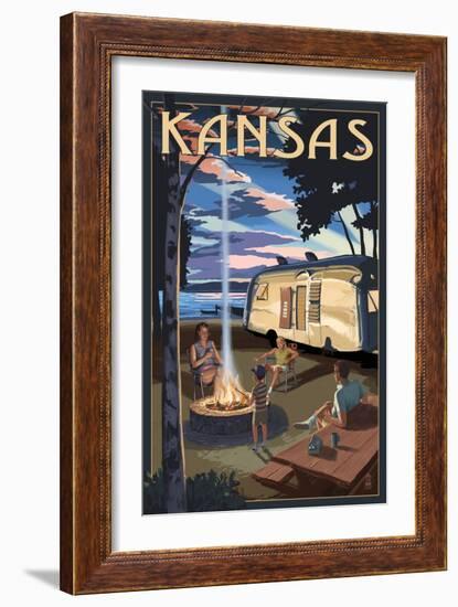 Kansas - Retro Camper and Lake-Lantern Press-Framed Art Print
