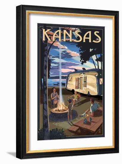 Kansas - Retro Camper and Lake-Lantern Press-Framed Art Print