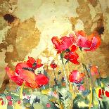 Original Watercolor Poppy Flower in Gold Background-karakotsya-Art Print