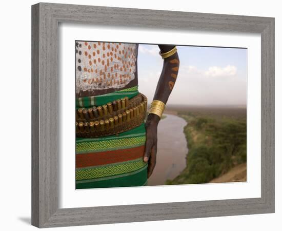 Karo Tribesman Wearing a Belt of Bullets, Lower Omo Valley, Ethiopia-Gavin Hellier-Framed Photographic Print