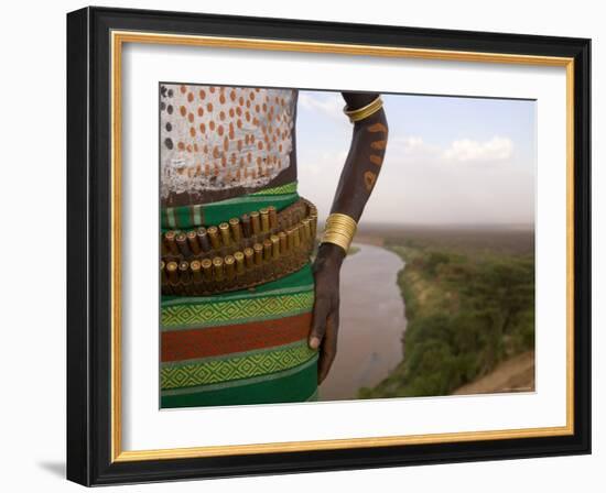 Karo Tribesman Wearing a Belt of Bullets, Lower Omo Valley, Ethiopia-Gavin Hellier-Framed Photographic Print