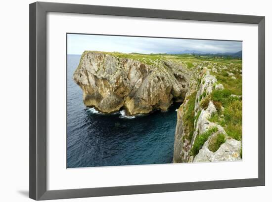 Karst Limestone Sea Cliffs at Pria, with Picos de Europa Mountains, Near Llanes, Asturias, Spain-Nick Upton-Framed Photographic Print