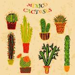 Flat Colorful Illustration of Mexican Succulent Plants and Cactuses in Pots. Vector Botanical Graph-kateja-Mounted Art Print