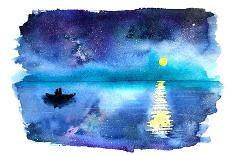 Romantic Starry Night Lake View with Full Moon and Couple in a Boat, Hand-Drawn Watercolor-Katerina Izotova Art Lab-Art Print