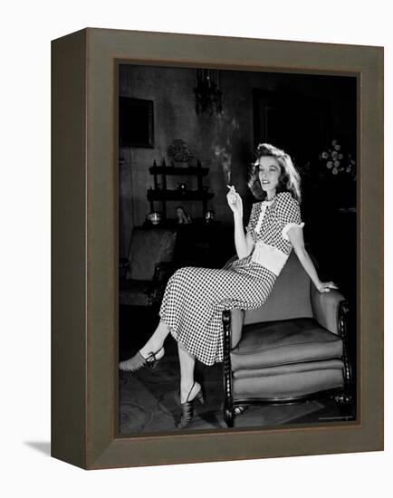 Katharine Hepburn in chair Smoking Cigarette in Scene from Broadway Show "The Philadelphia Story"-Alfred Eisenstaedt-Framed Premier Image Canvas